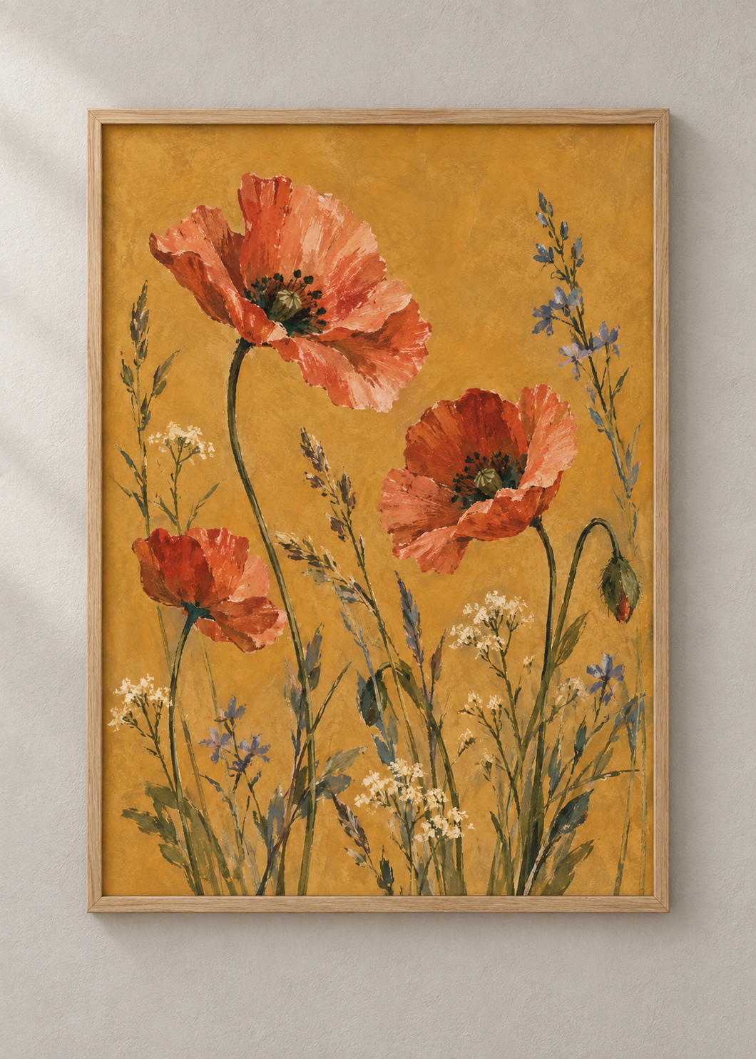 Wild Poppies on Ochre in a natural wood frame, 50 x 70 cm