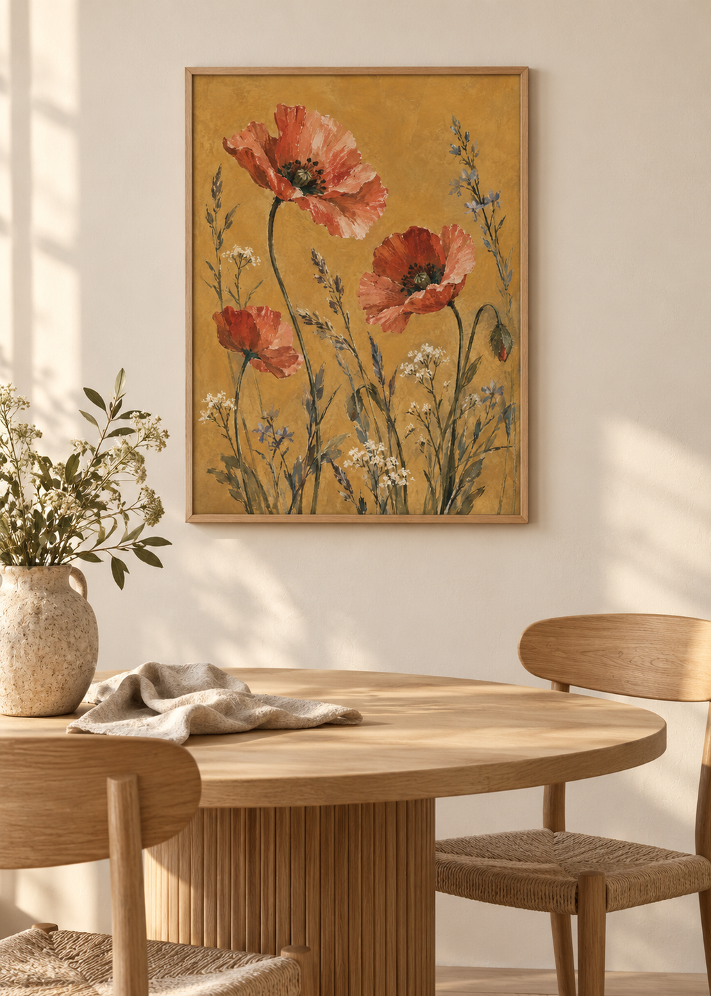 Wild Poppies on Ochre displayed in a 50 x 70 cm natural wood frame in a Nordic dining room