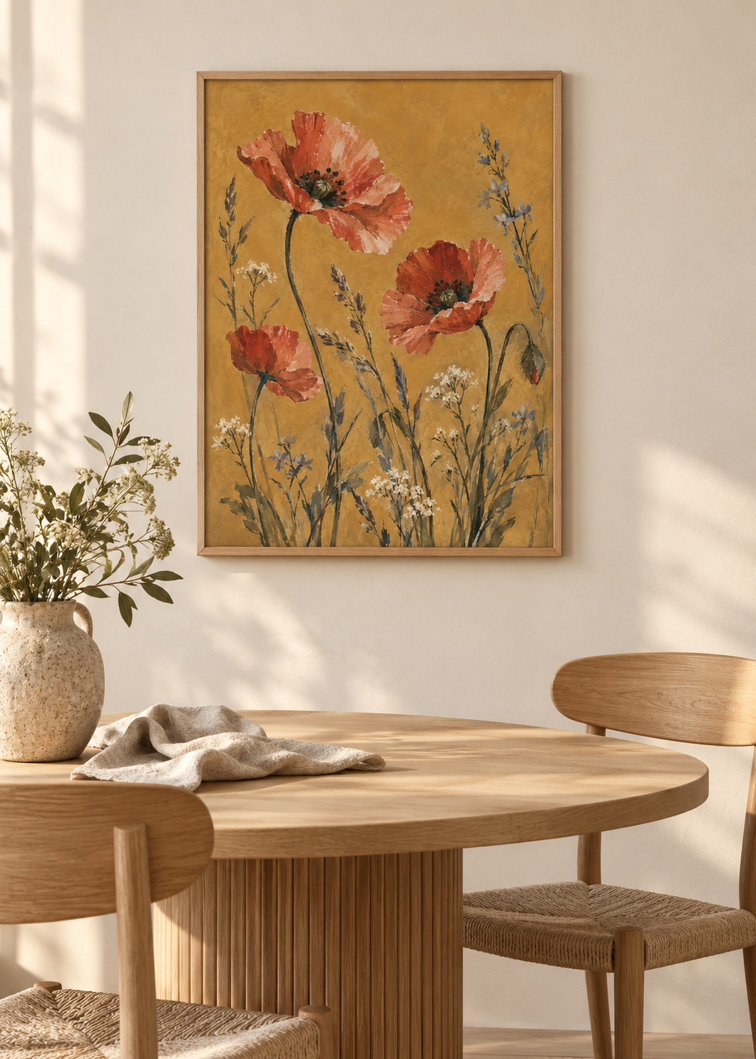 Wild Poppies on Ochre displayed in a 50 x 70 cm natural wood frame in a Nordic dining room