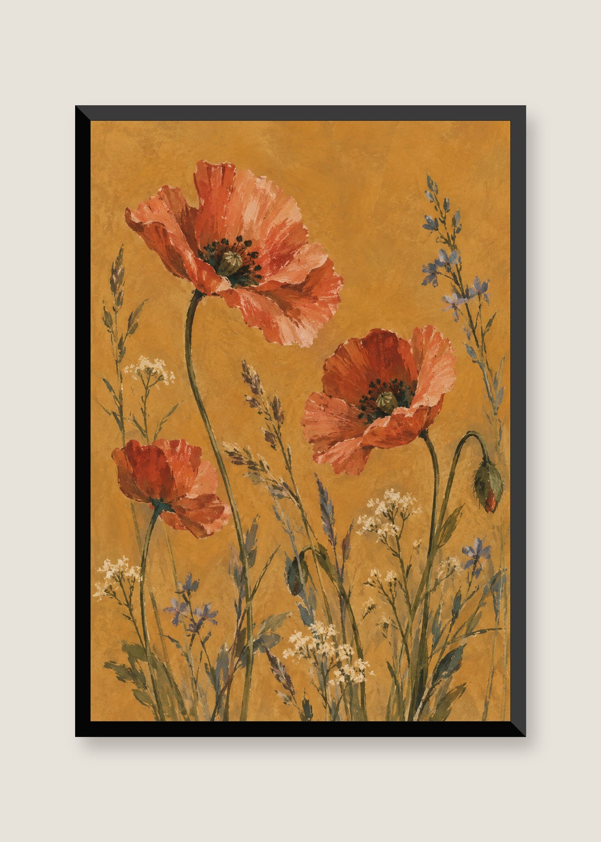 Wild Poppies on Ochre, No mat with black frame