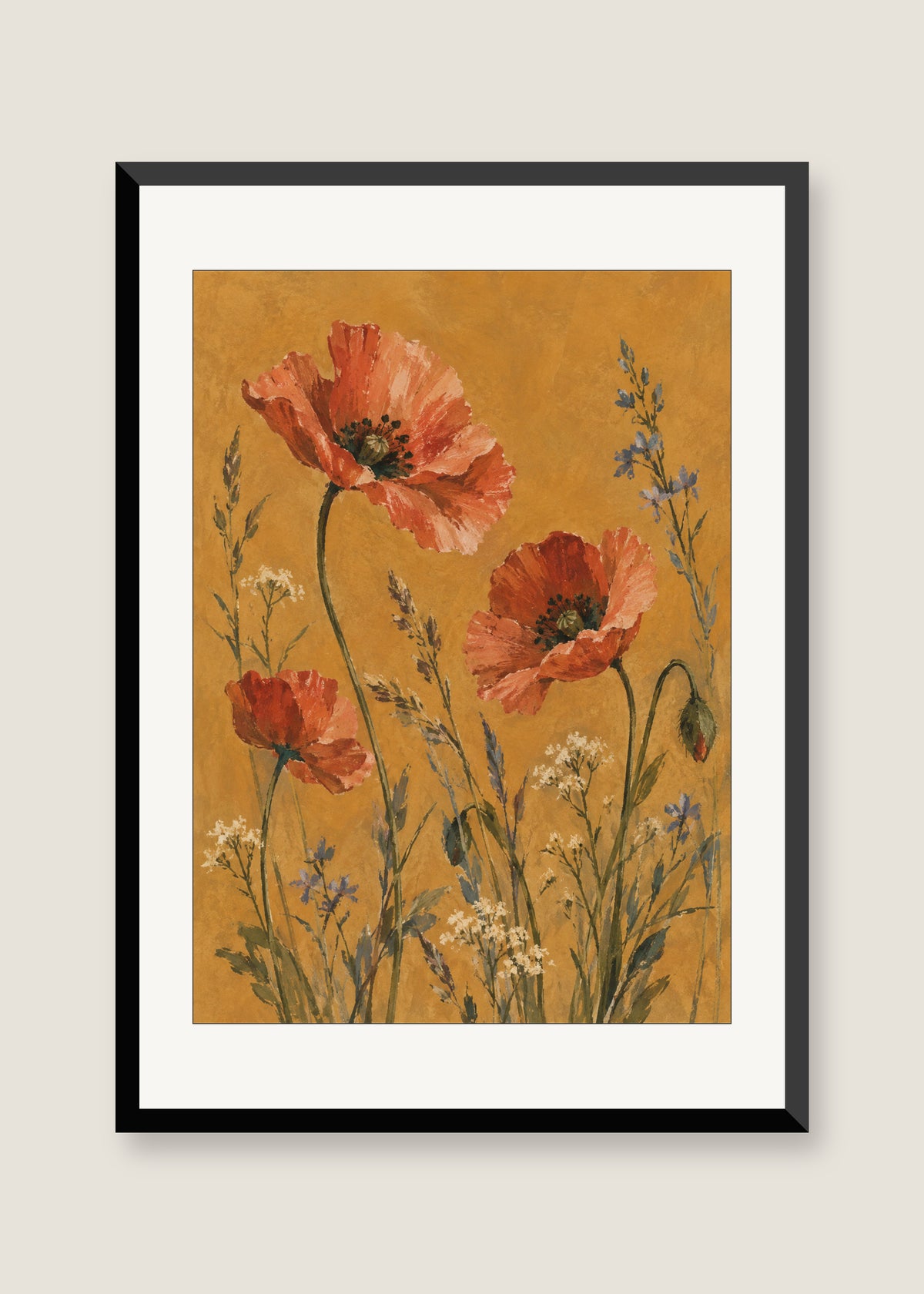 Wild Poppies on Ochre, White mat with black frame