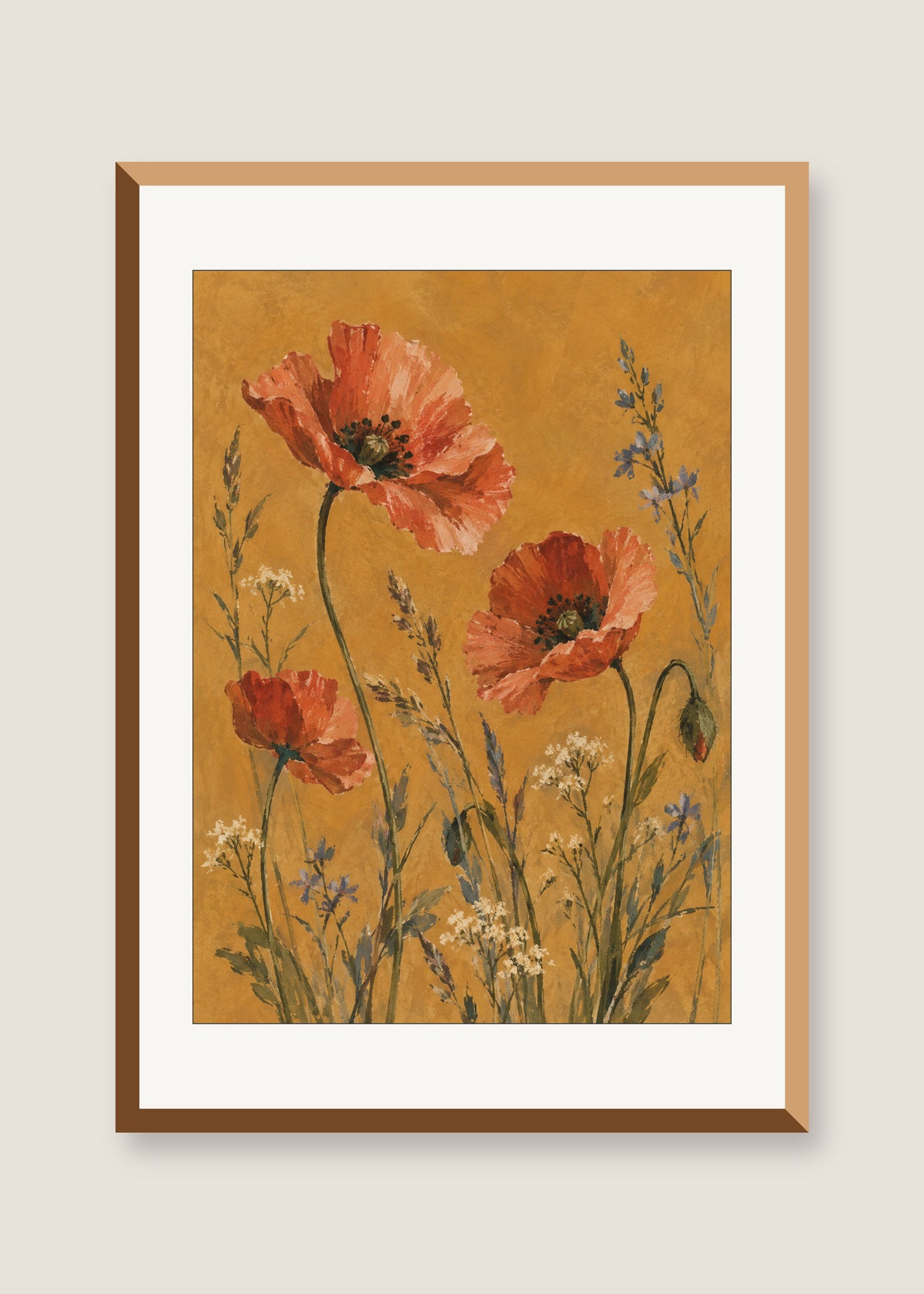 Wild Poppies on Ochre, White mat with natural oak frame