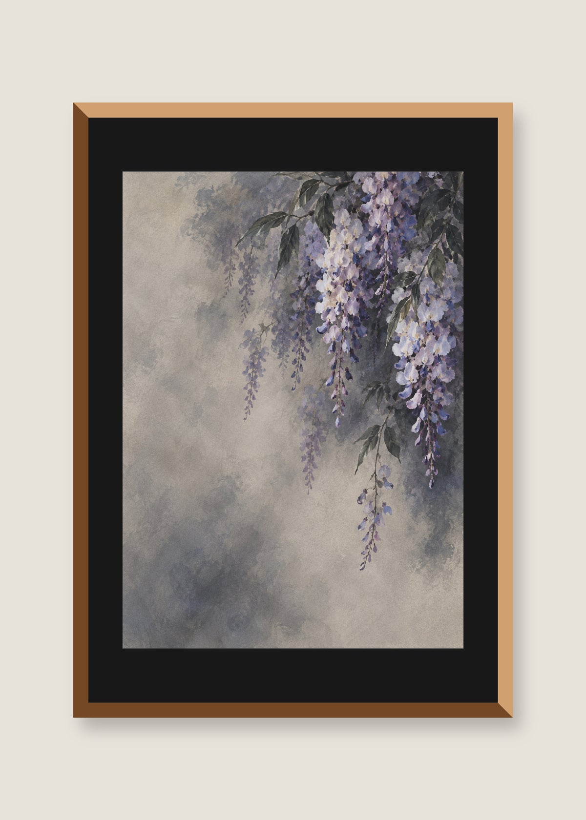 Wisteria in Smoke, Black mat with natural oak frame