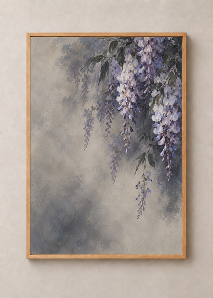 Wisteria in Smoke, framed 50 by 70 centimetre art print in natural wood