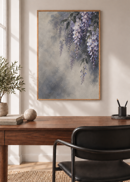 Wisteria in Smoke, framed 50 by 70 centimetre art print styled in a modern interior