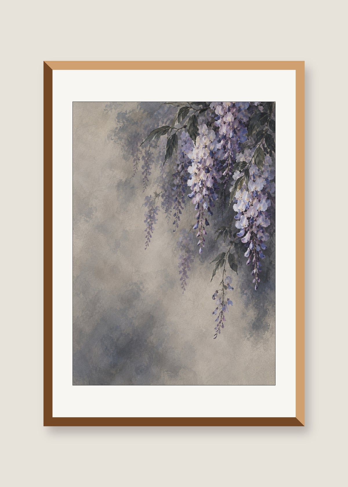 Wisteria in Smoke, White mat with natural oak frame